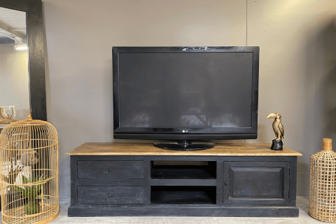 Meuble TV noir bois massif 1 porte 2 tiroirs 180cm LOUISE