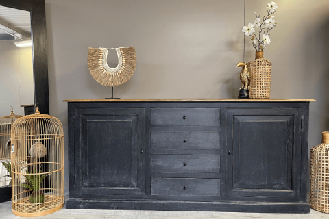 Buffet industriel noir bois massif 190cm LOUISE