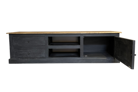 Meuble TV noir bois massif 1 porte 2 tiroirs 180cm LOUISE