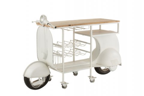 Bar scooter industriel blanc à roulettes métal et bois BIKE