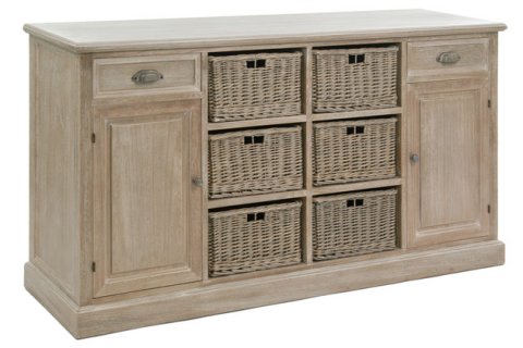 Buffet bois cérusé avec panier en rotin MEREDITH