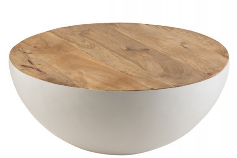 Table basse ronde scandinave bois manguier et métal blanc GALEO