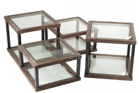 Table de salon carrée bois et verre set de 4 JUDITH