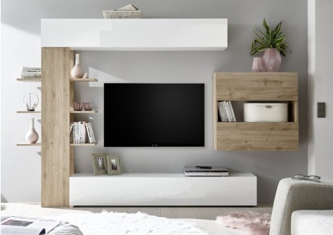 Meuble TV mural design blanc et bois MATYSSE