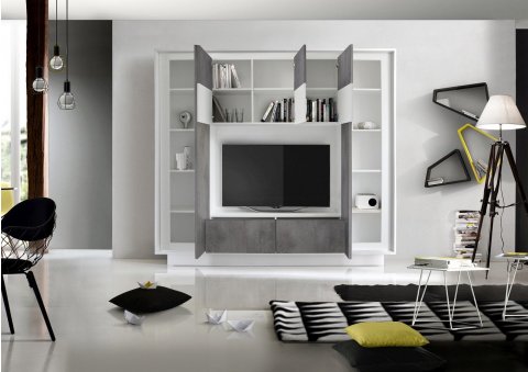 Mur TV blanc laqué et gris moderne GREY