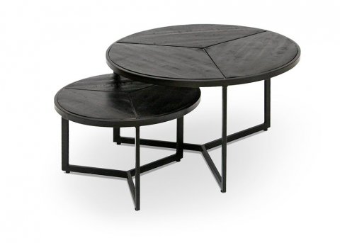 Table basse gigogne ronde industrielle bois noir et métal PHENIX