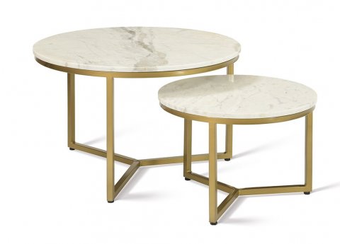 Set de 2 tables basses ronde moderne marbre blanc et métal or JUNON 