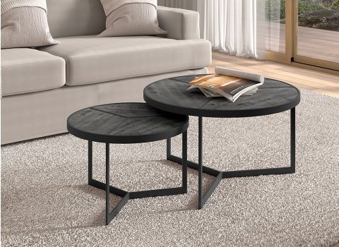 Table basse gigogne ronde industrielle bois noir et métal PHENIX