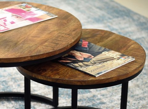 Table basse ronde gigogne industrielle bois et métal NOMY