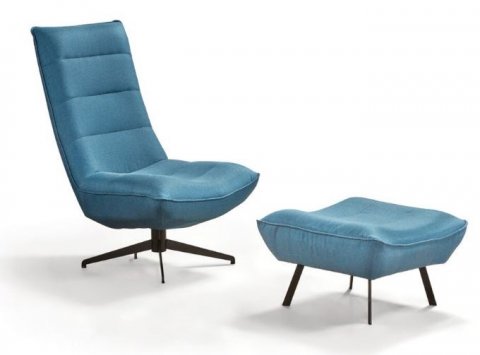 Fauteuil pivotant et pouf en tissu bleu moderne DAVIDA