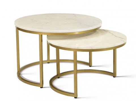 Table basse gigogne ronde marbre blanc et métal or ORACLE