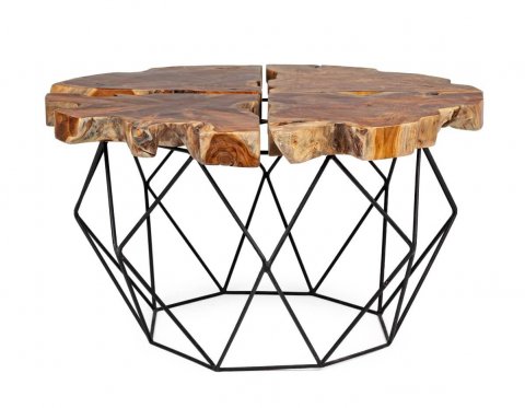 Table basse ronde en bois de teck massif et métal noir ROOT