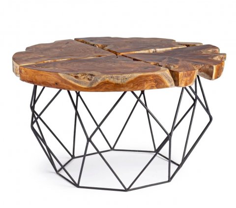 Table basse ronde en bois de teck massif et métal noir ROOT