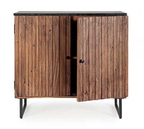 Petit buffet en bois d'acacia 2 portes avec plateau en marbre JEAN