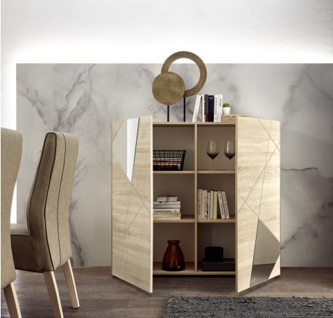 Buffet haut moderne bois clair avec miroirs 120cm MILANO