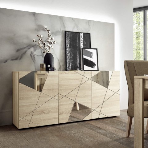 Bahut moderne bois clair 3 portes avec miroirs 180 cm MILANO