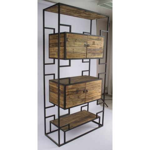Etagére industrielle bois massif de pin et métal 4 portes RAGNAR