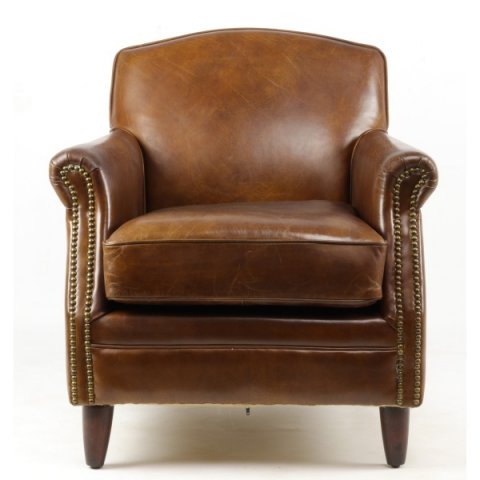 Fauteuil cuir marron clouté style vintage NORMANDY