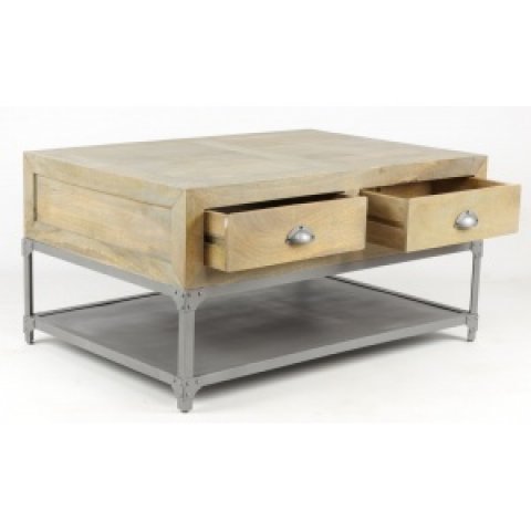 Table basse industrielle bois massif et métal 4 tiroirs TAYLOR