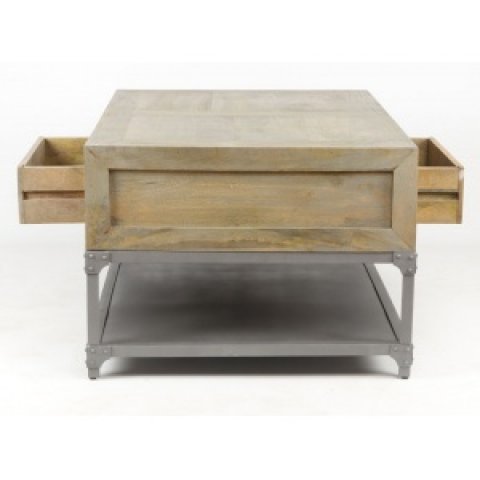 Table basse industrielle bois massif et métal 4 tiroirs TAYLOR