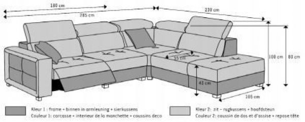 Canapé d'angle avec relaxation en tissu gris OVAE