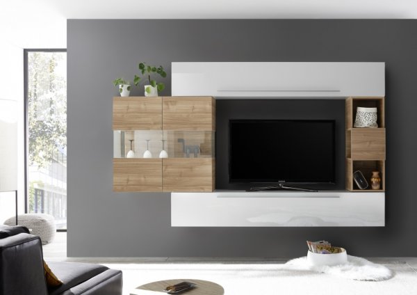 Meuble TV moderne suspendu bois et blanc laqué HARRY