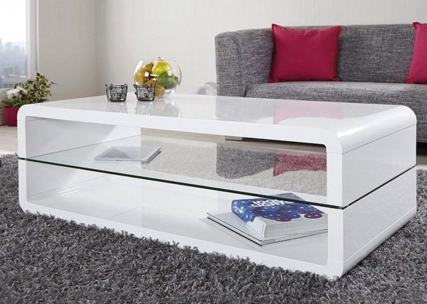 Table basse blanc laqué et verre design GIULIA