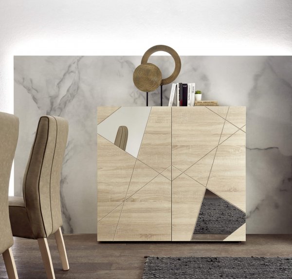 Buffet haut moderne bois clair avec miroirs 120cm MILANO