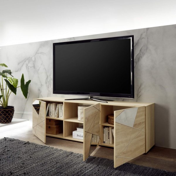 Meuble TV moderne bois clair avec miroirs 180cm MILANO