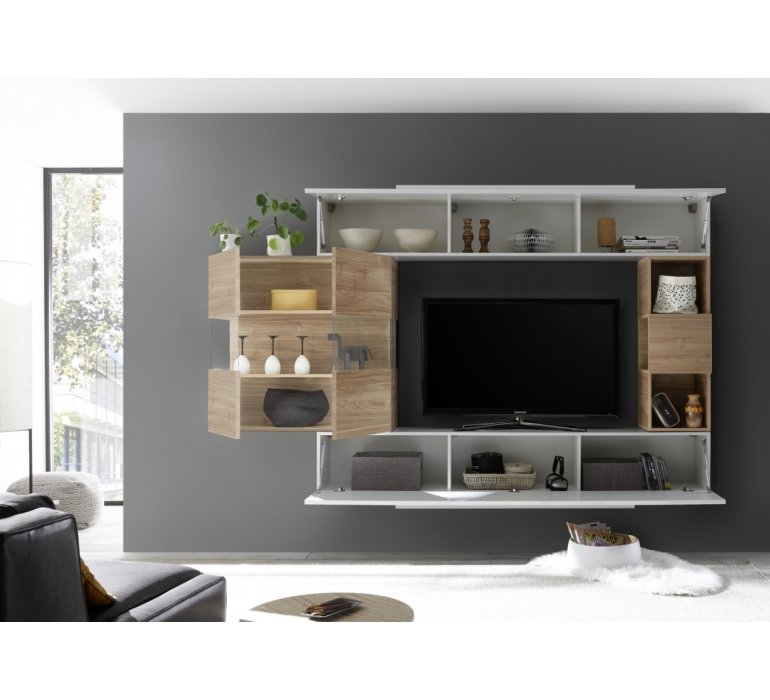 Meuble TV suspendu design blanc et gris PALERMO