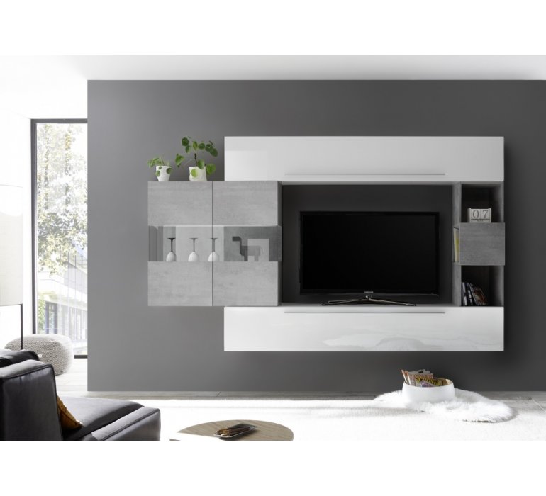 Meuble TV suspendu design blanc et gris PALERMO