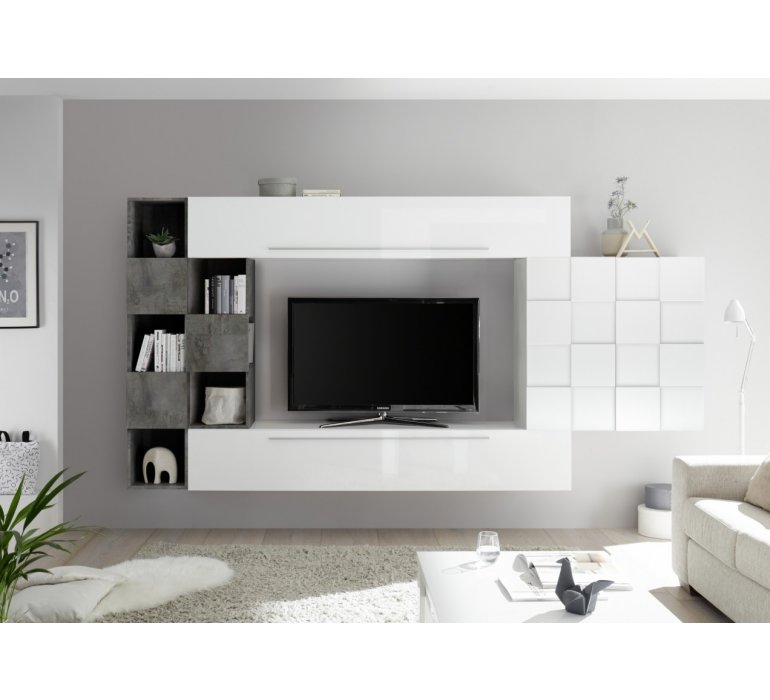 Meuble TV suspendu design blanc et gris LAZIO