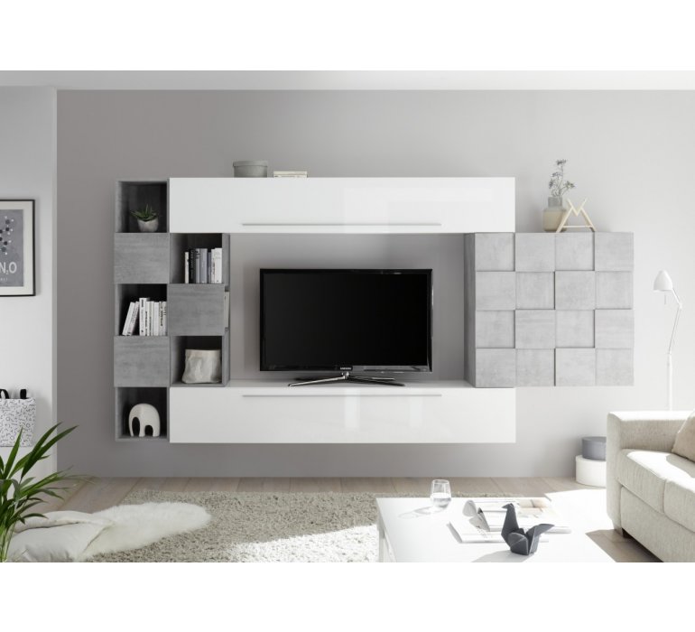 Meuble TV suspendu design blanc laqué et gris JULIO