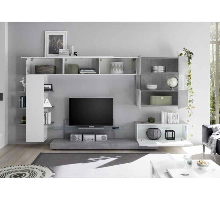 Meuble TV mural design blanc laqué et gris IRWIN