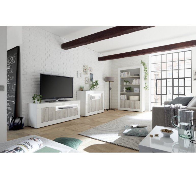 Banc TV blanc laqué et bois gris clair moderne SAN REMO