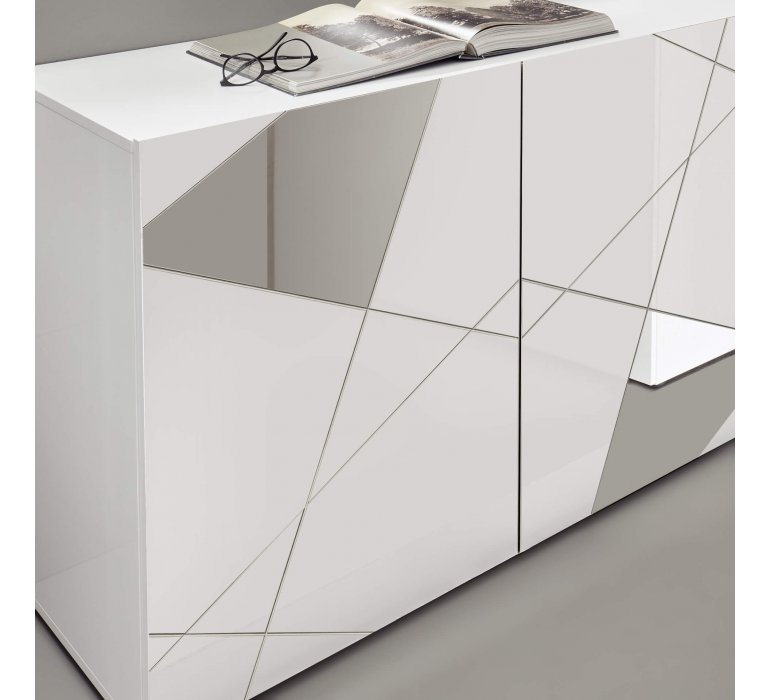 Bahut design blanc laqué 3 portes avec miroirs 180cm MILANO