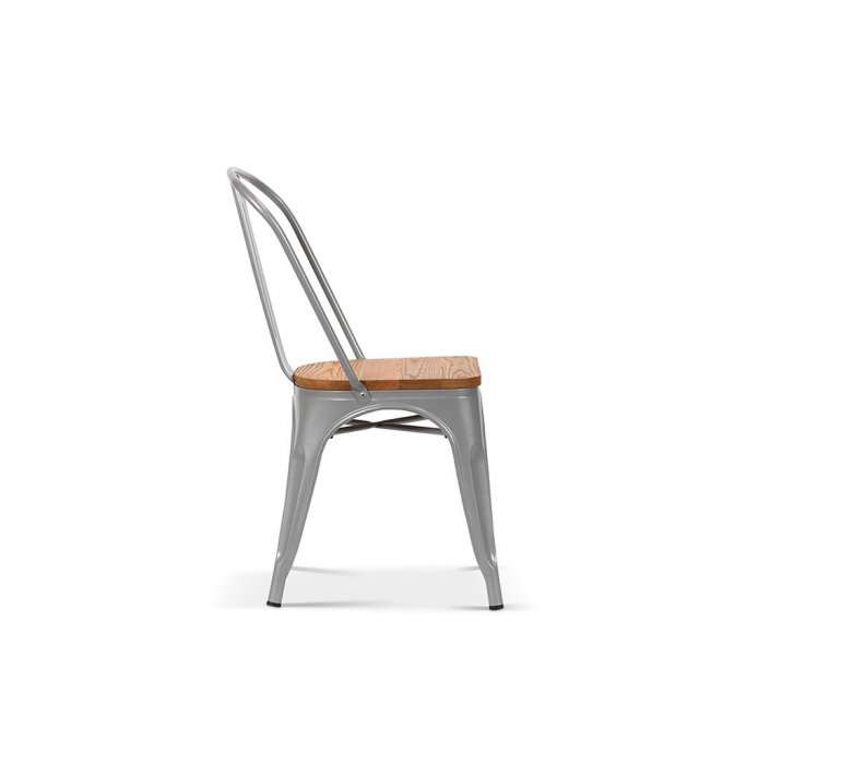 Chaise industrielle en acier gris clair et assise en bois clair RETRO