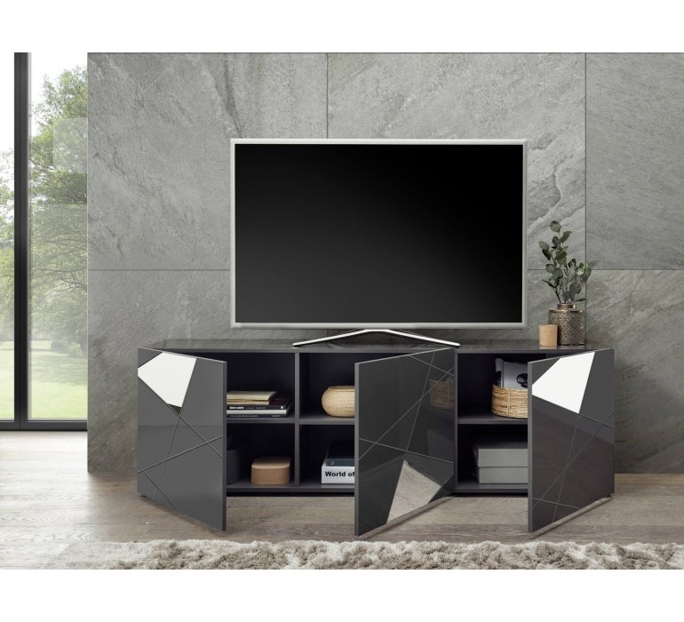 Meuble TV design gris anthracite 3 portes avec miroirs 180cm BERMUDE