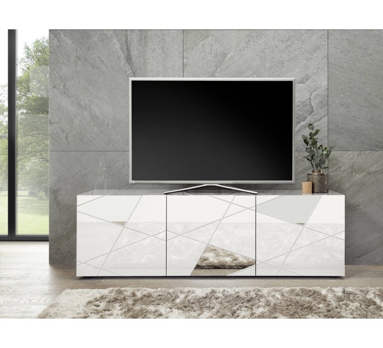 Meuble TV design blanc laqué 3 portes avec miroirs 180cm MILANO