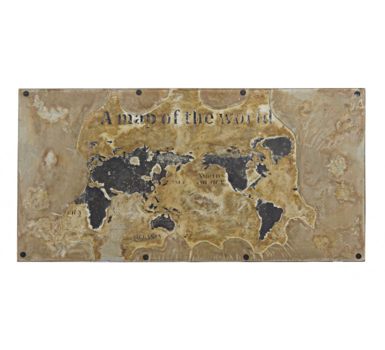 Table basse industrielle métal et verre motif mappemonde WORLD
