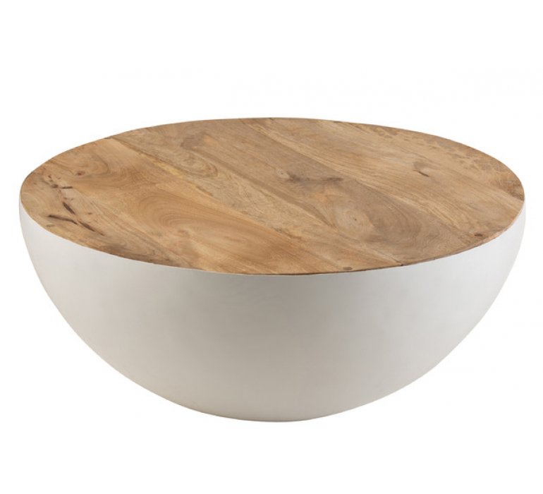 Table basse ronde scandinave bois manguier et métal blanc GALEO