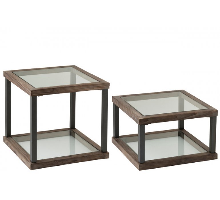 Table de salon carrée bois et verre set de 4 JUDITH