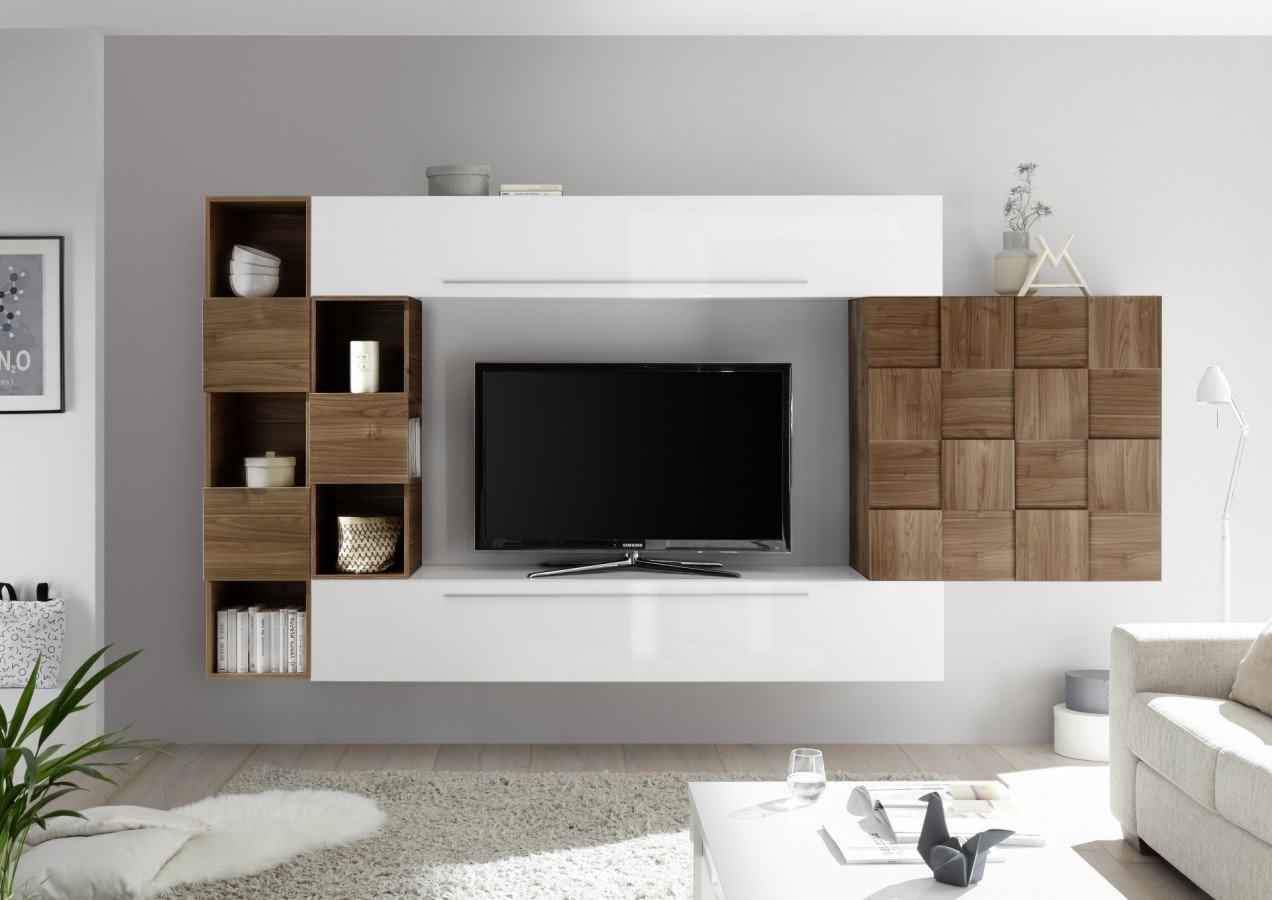 meuble tele blanc laque et bois