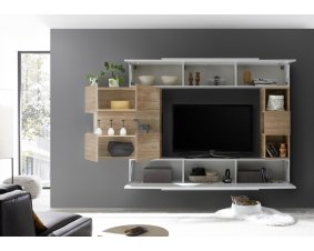 Meuble TV moderne suspendu bois et blanc laqué HARRY