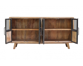 Buffet industriel bois massif 4 portes vitrées 180cm MEERA