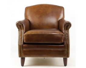 Fauteuil cuir marron clouté style vintage NORMANDY