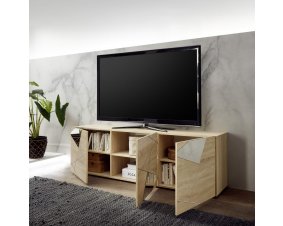 Meuble TV moderne bois clair 3 portes avec miroirs 180cm MESSINE