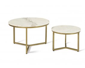 Set de 2 tables basses ronde moderne marbre blanc et métal or JUNON 