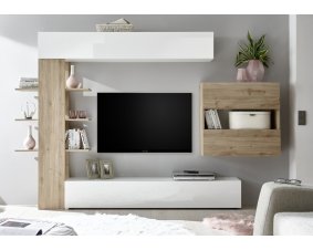 Meuble TV mural design blanc et bois MATYSSE