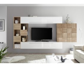 Meuble TV suspendu design blanc et bois VOGUE